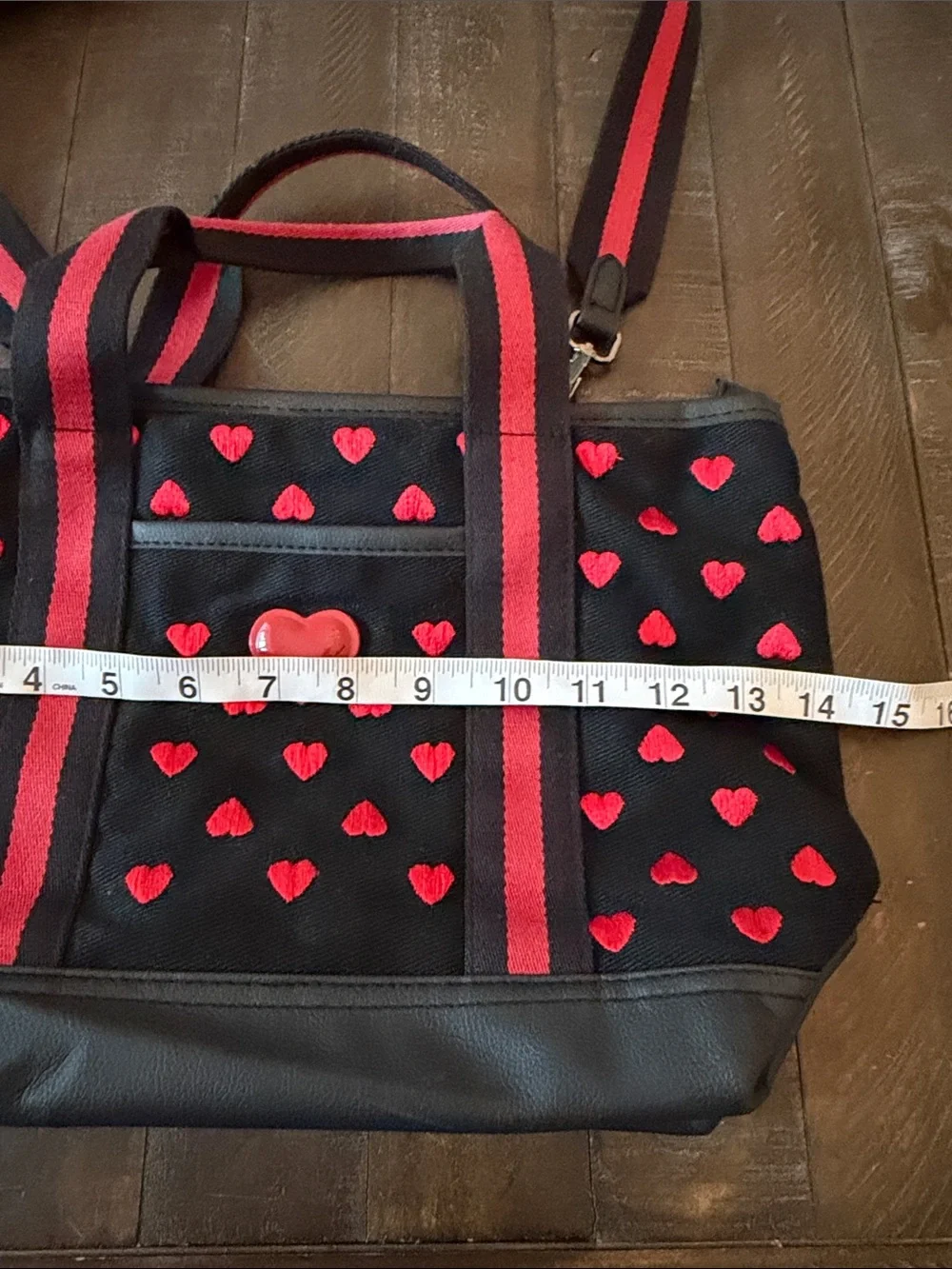 Luv Betsey by Betsey Johnson Black Tote with Red Heart Accents and Striped Strap